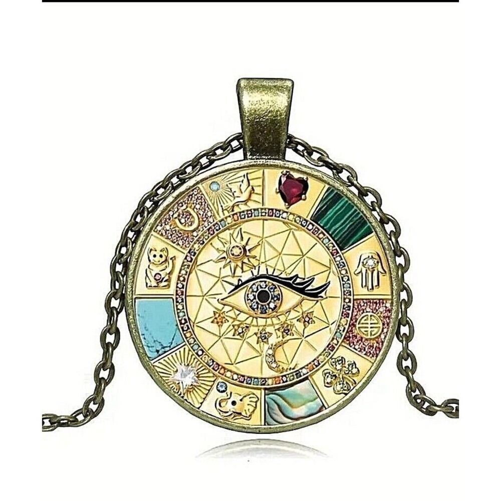 Bronze Rhinestone LUCKY EYE Symbols Pendant Chain Necklace
